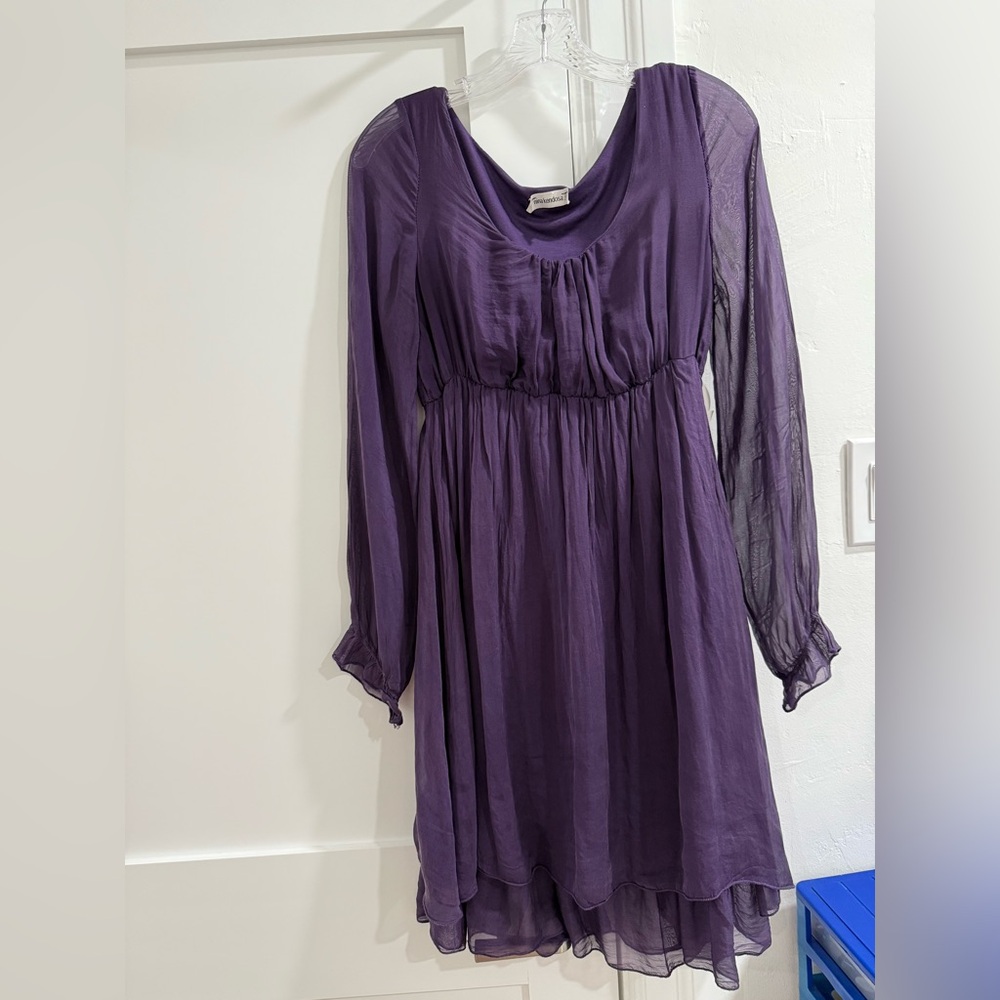 Nina Kendosa purple silk midi dress w/ long puff sleeves (fair) (read)